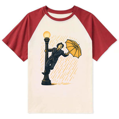 joyful dancing on lamppost in heavy rain with big smile - Contrast Raglan T-shirt - Red