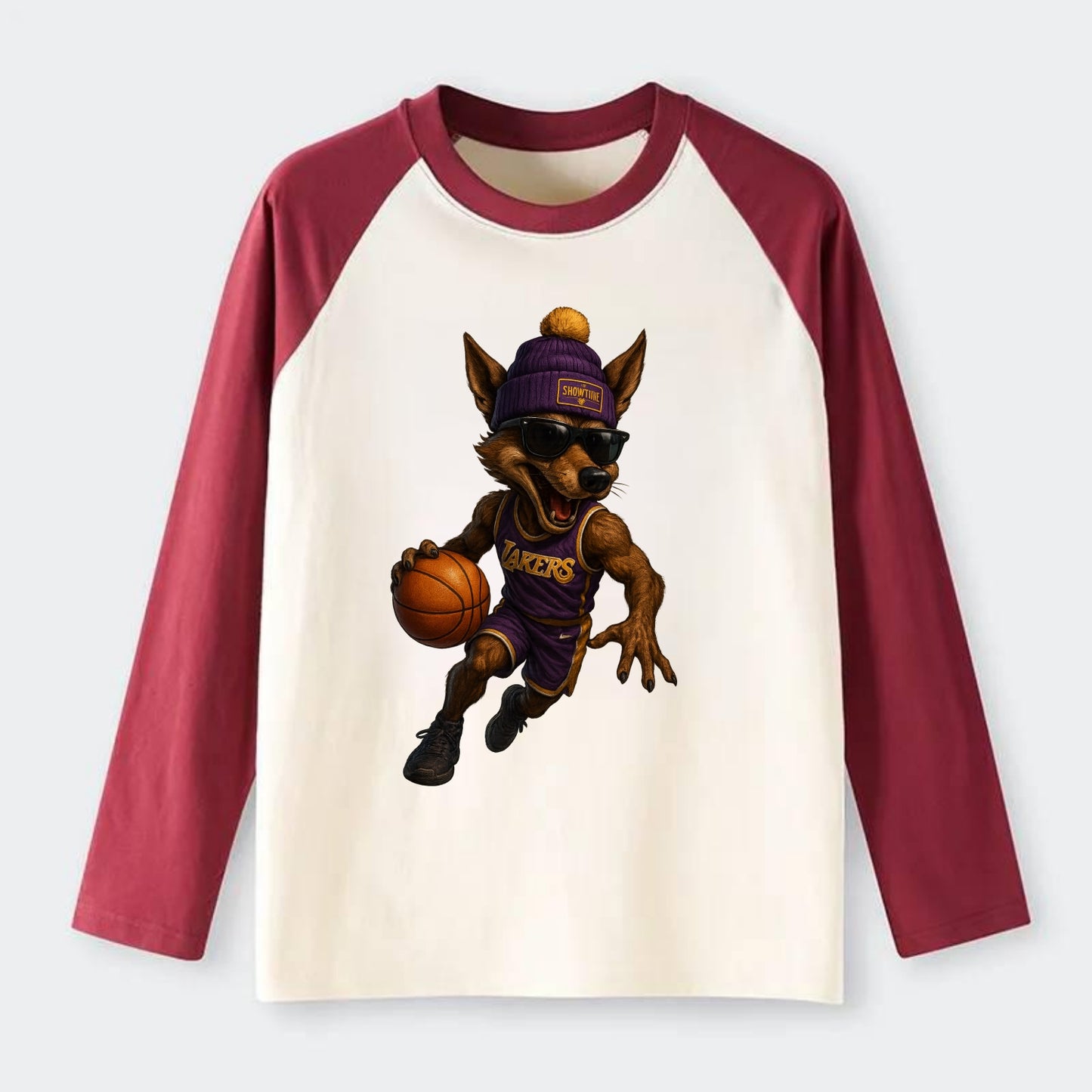 Hollywood Coyote wearing Lakers beanie with Showtime patch and - Raglan Long Sleeve T-Shirt - Red