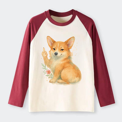 Corgi short legs and fluffy butt, one stubby paw up with sass - Raglan Long Sleeve T-Shirt - Red