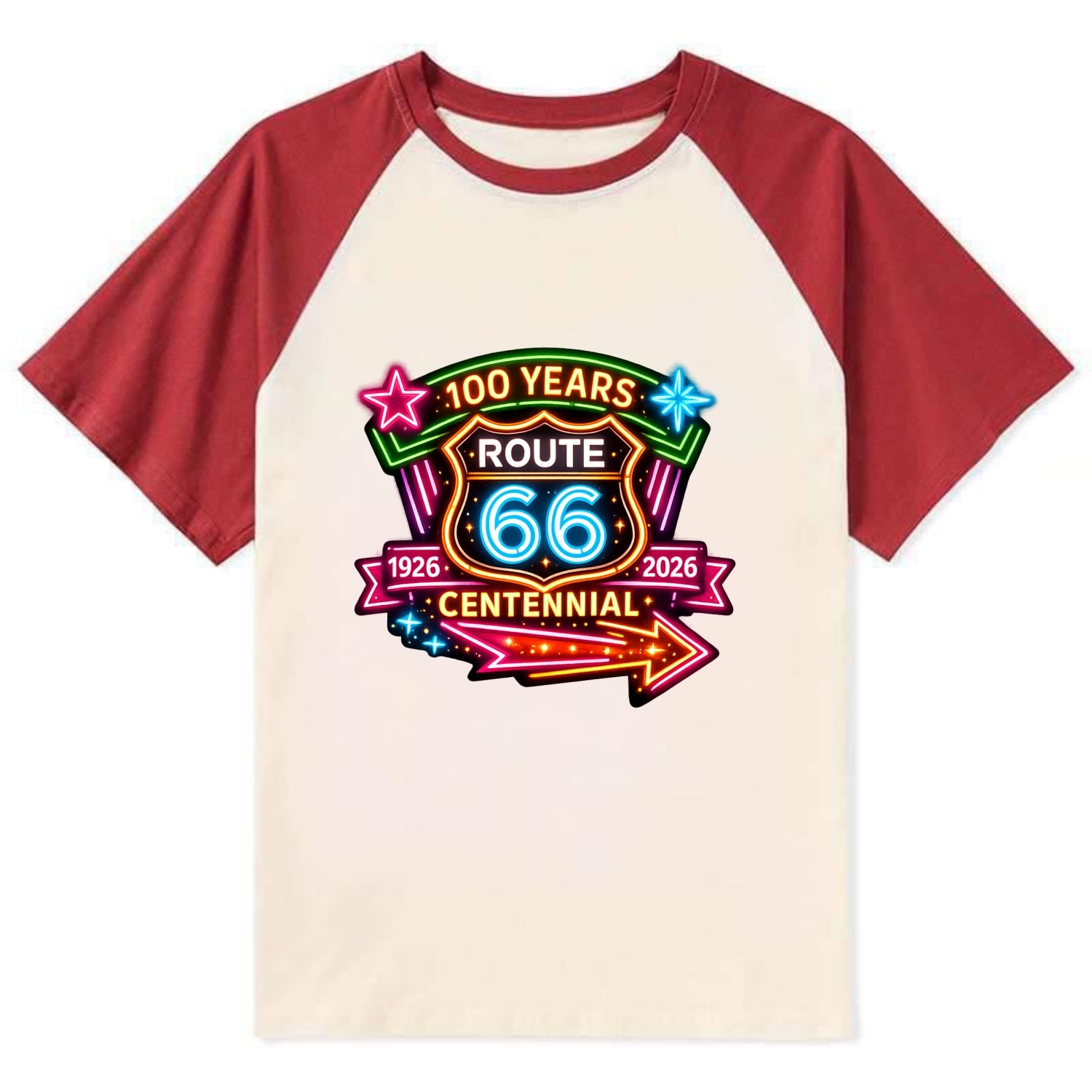 CENTENNIAL BADGE | 100 Years celebration emblem | 1926-2026 dates | - Contrast Raglan T-shirt - Red