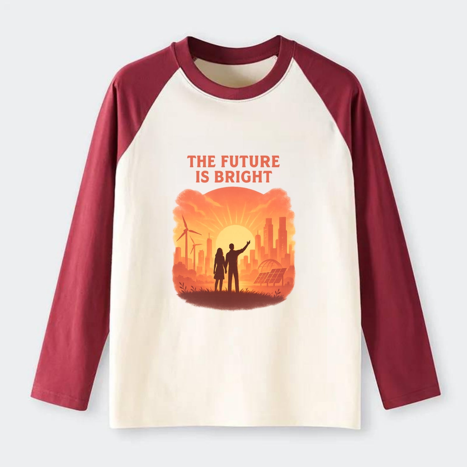Sunrise over thriving sustainable city - "The Future is Bright" - - Raglan Long Sleeve T-Shirt - Red
