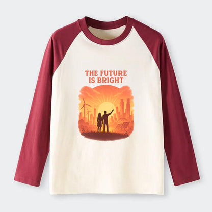 Sunrise over thriving sustainable city - "The Future is Bright" - - Raglan Long Sleeve T-Shirt - Red