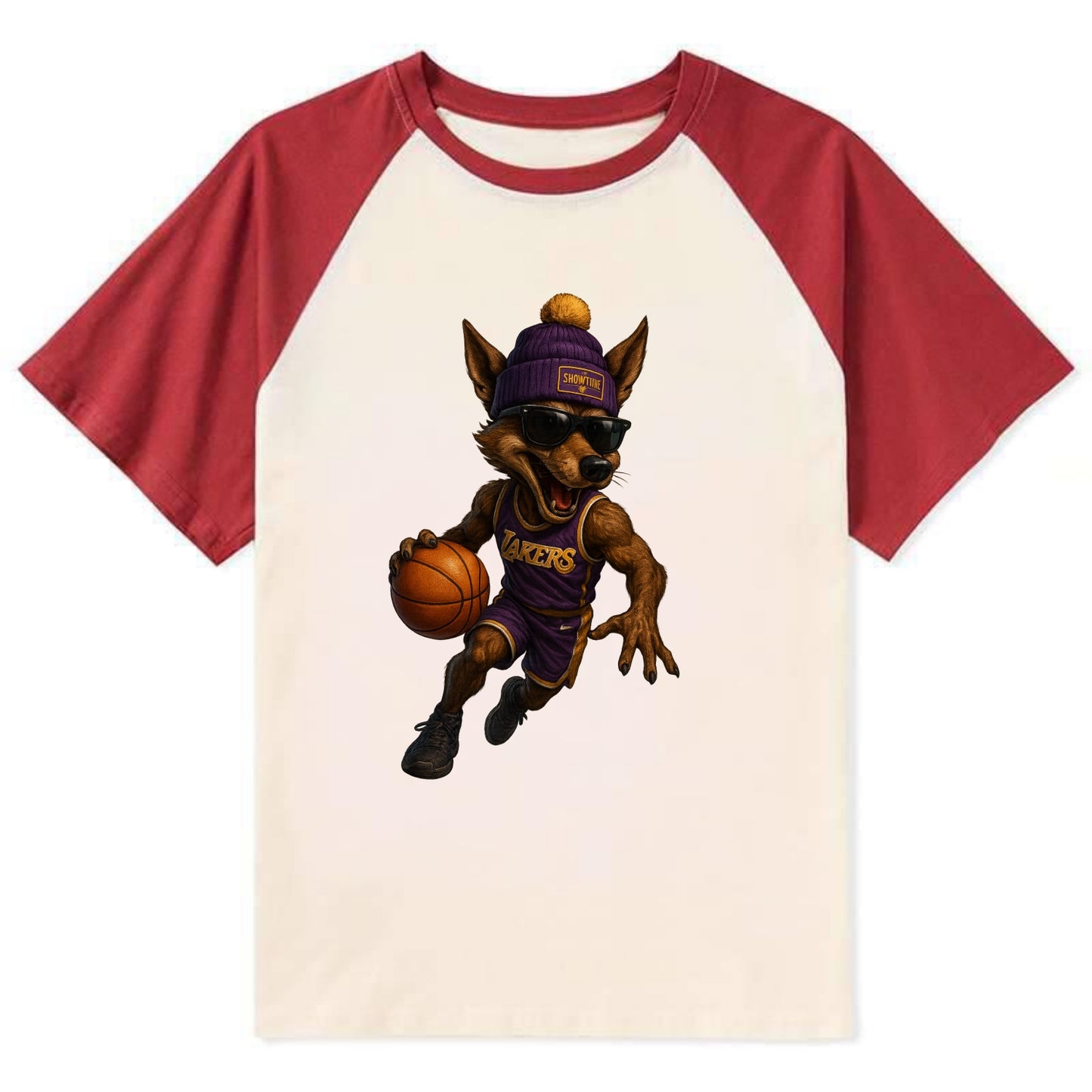 Hollywood Coyote wearing Lakers beanie with Showtime patch and wayfarer - Contrast Raglan T-shirt - Red