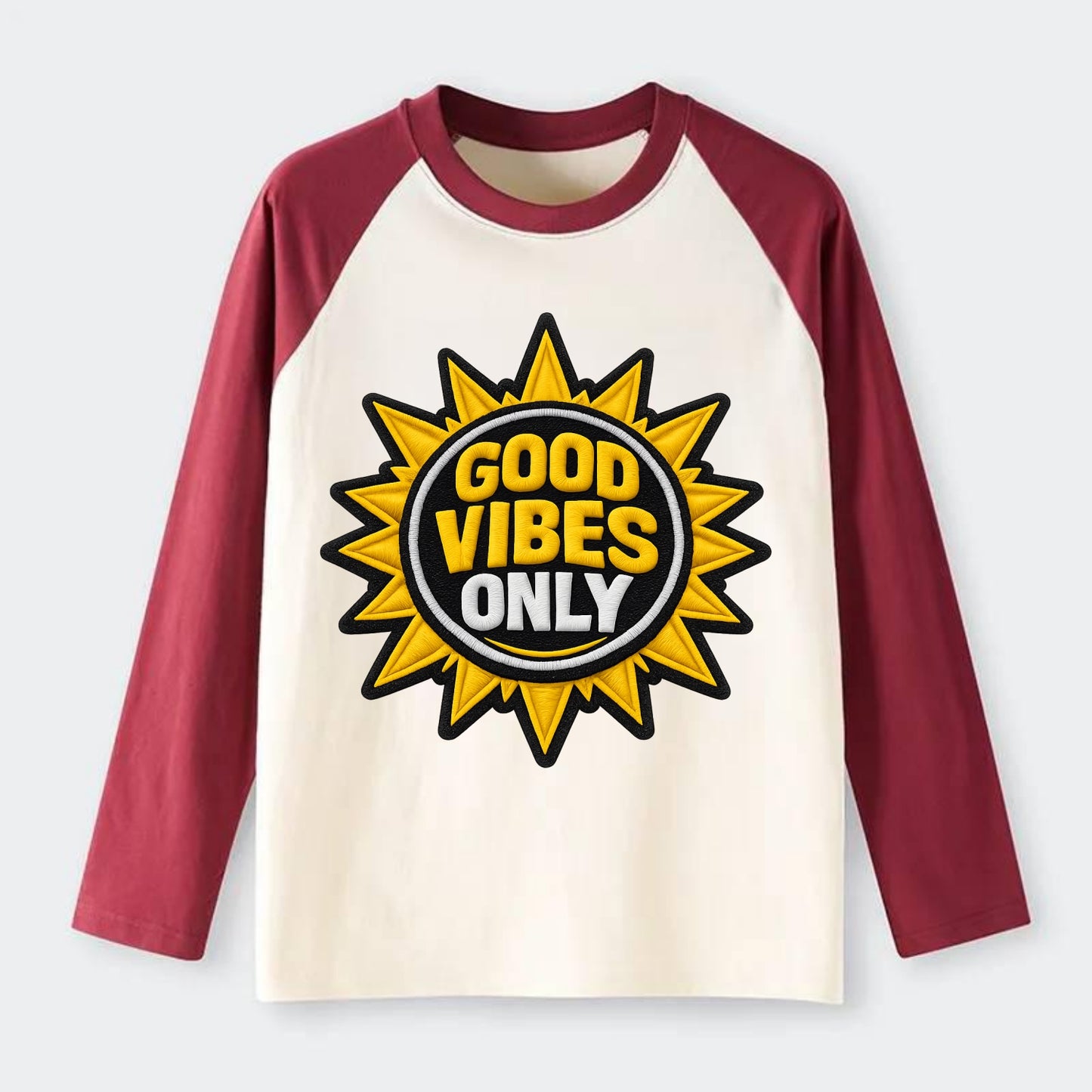GOOD VIBES ONLY - sun with text in yellow , positive energy - Raglan Long Sleeve T-Shirt - Red