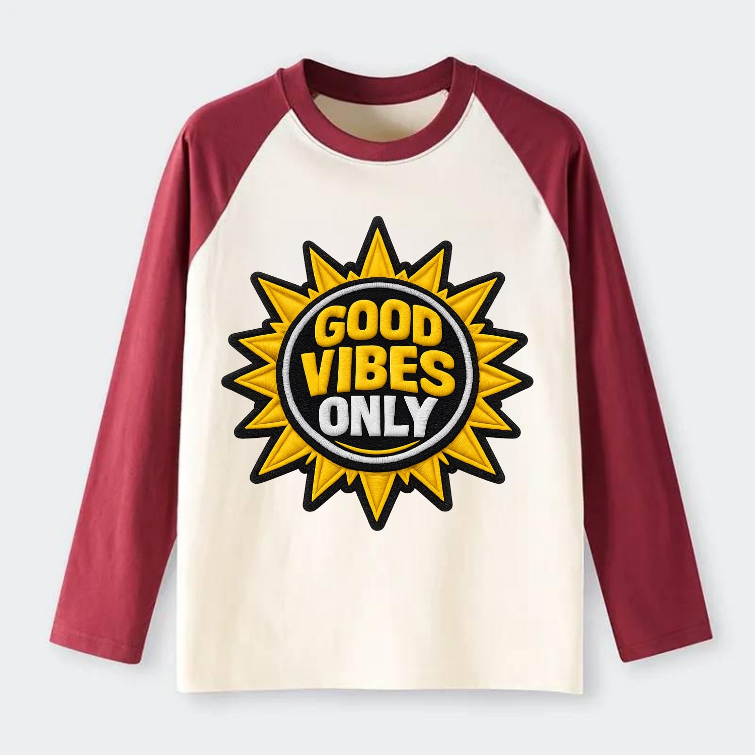 GOOD VIBES ONLY - sun with text in yellow , positive energy - Raglan Long Sleeve T-Shirt - Red