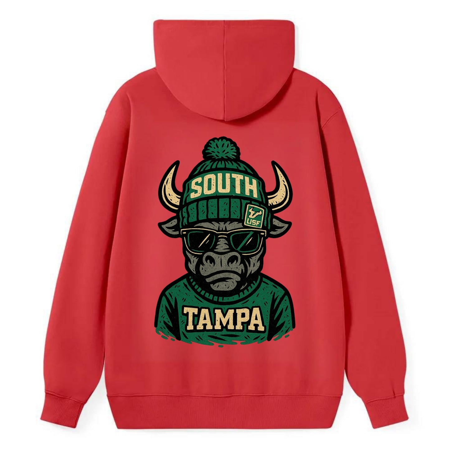 Tampa Bull wearing South Florida beanie with USF patch - Classic Pullover Hoodie - Red