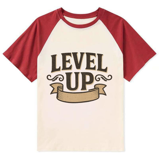 Bold typography design - "LEVEL UP" - improving, advancing, growing - Contrast Raglan T-shirt - Red
