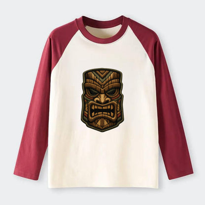 TIKI MASK - carved totem in brown and red , Polynesian - Raglan Long Sleeve T-Shirt - Red