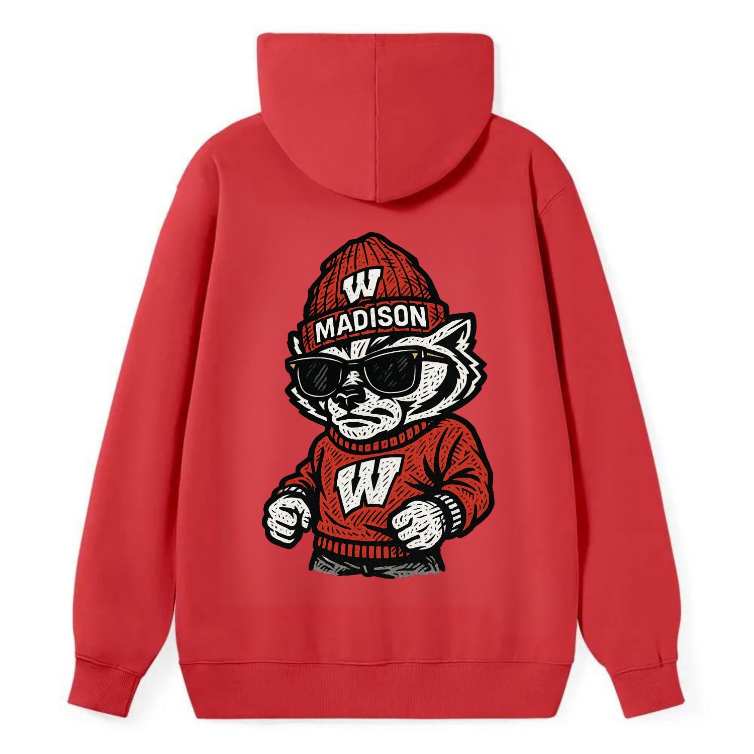 Madison Badger wearing Wisconsin beanie with motion W patch - Classic Pullover Hoodie - Red