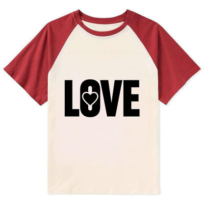 Bold typography design - "LOVE" - universal connection, heart centered - Contrast Raglan T-shirt - Red