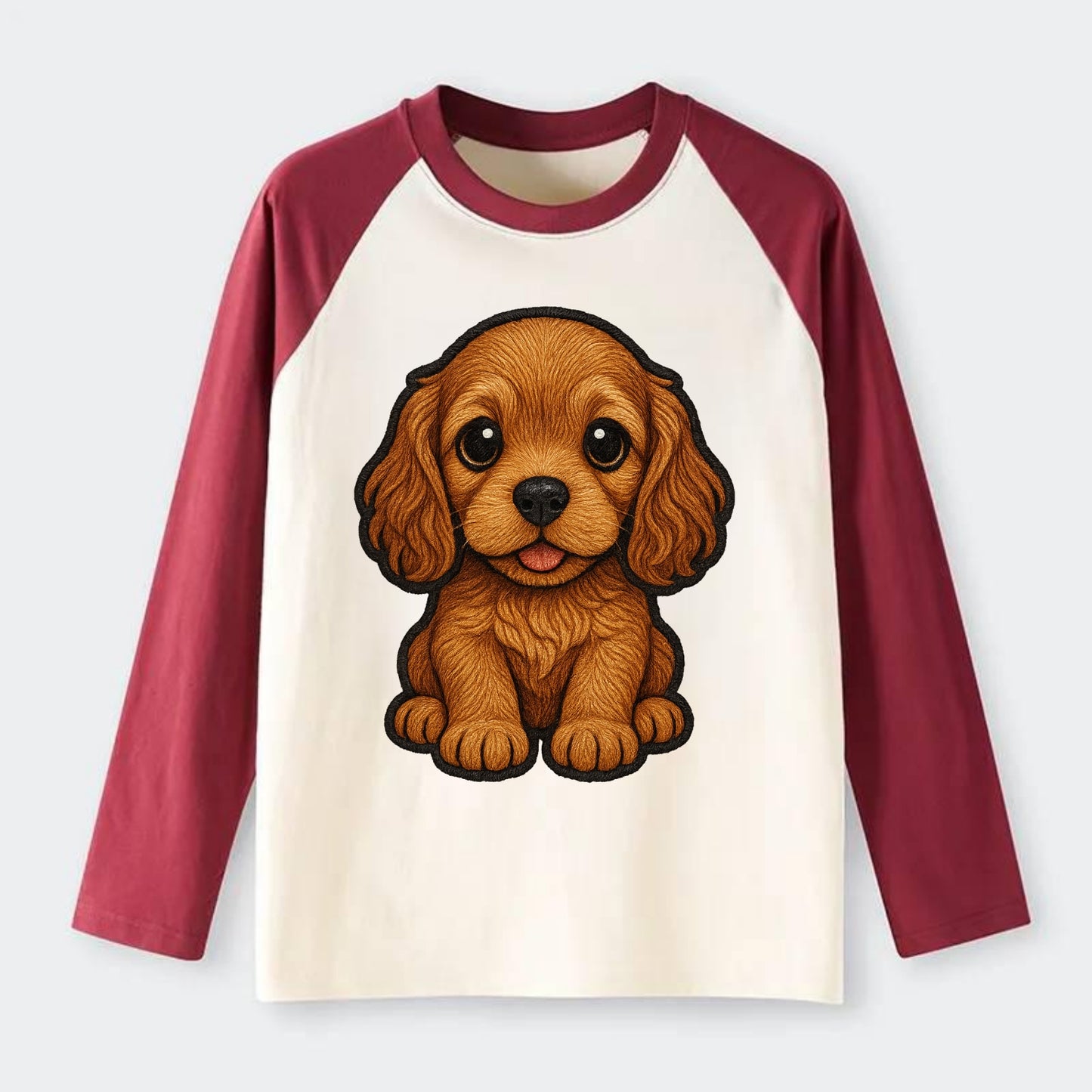 Baby Cocker Spaniel Puppy - long wavy ears, soulful eyes, silky coat, - Raglan Long Sleeve T-Shirt - Red