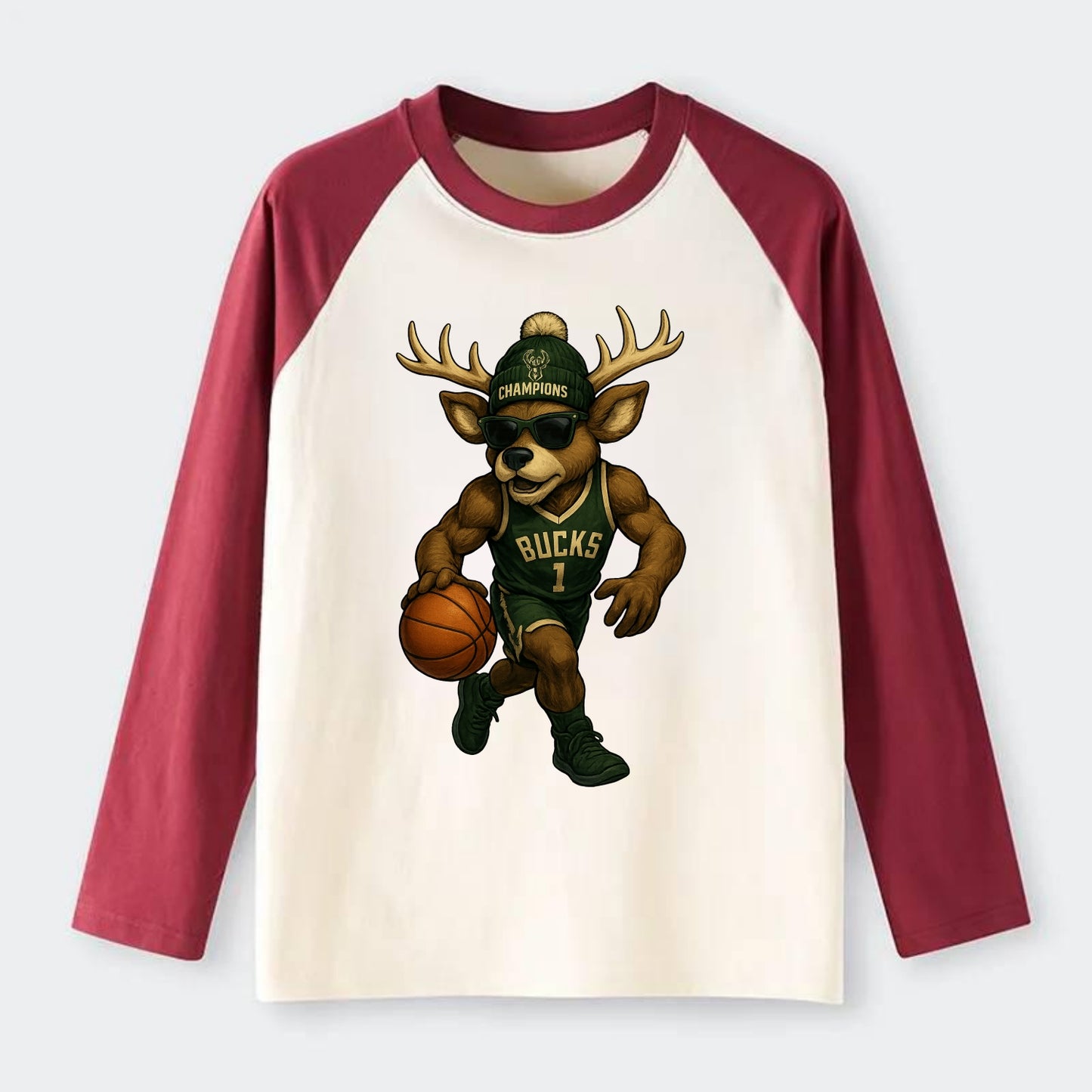 Milwaukee Buck Deer wearing Bucks green and cream beanie with antlers - Raglan Long Sleeve T-Shirt - Red