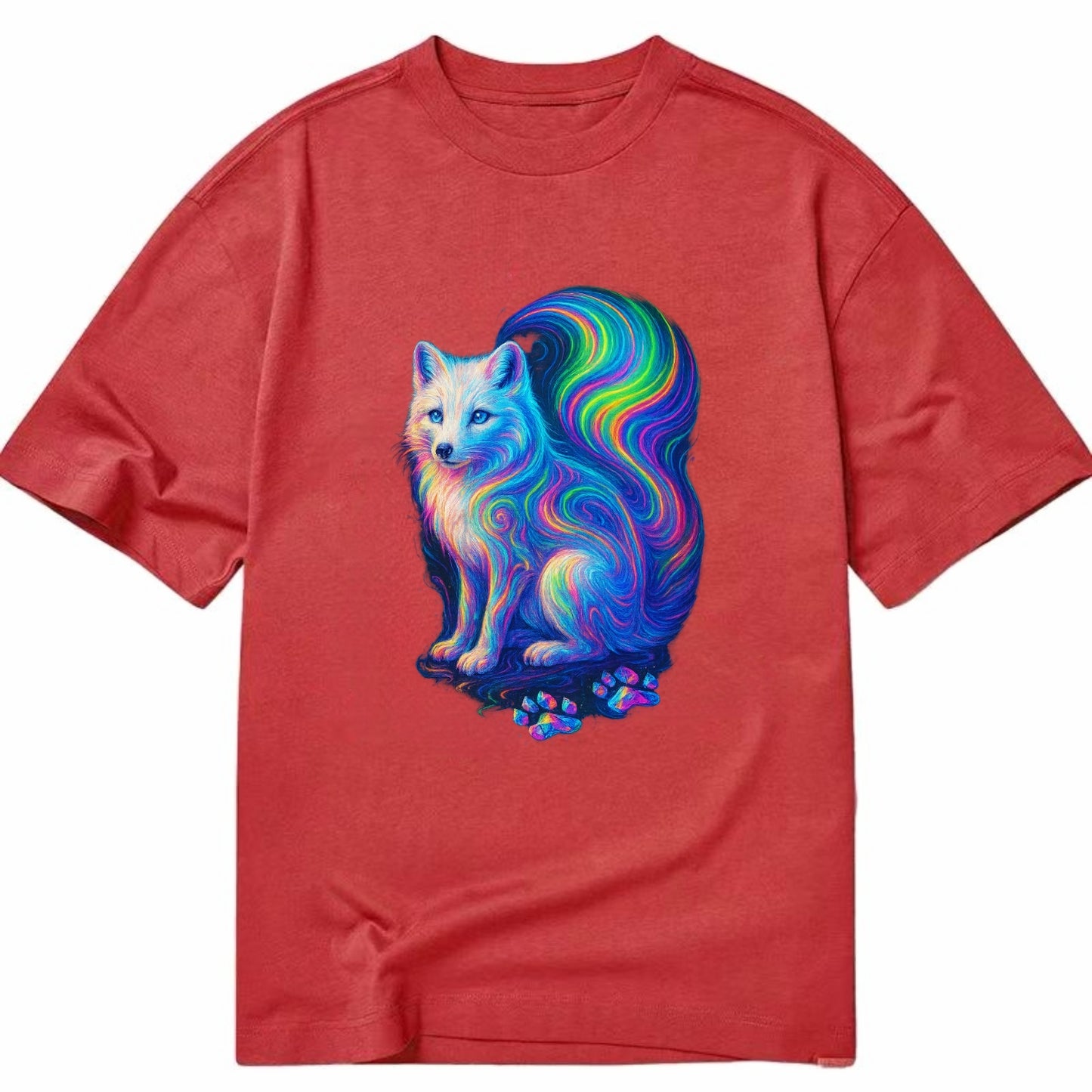 Graceful arctic fox with tail streaming aurora colors, white fur with prismatic - Classic T-shirt - Red