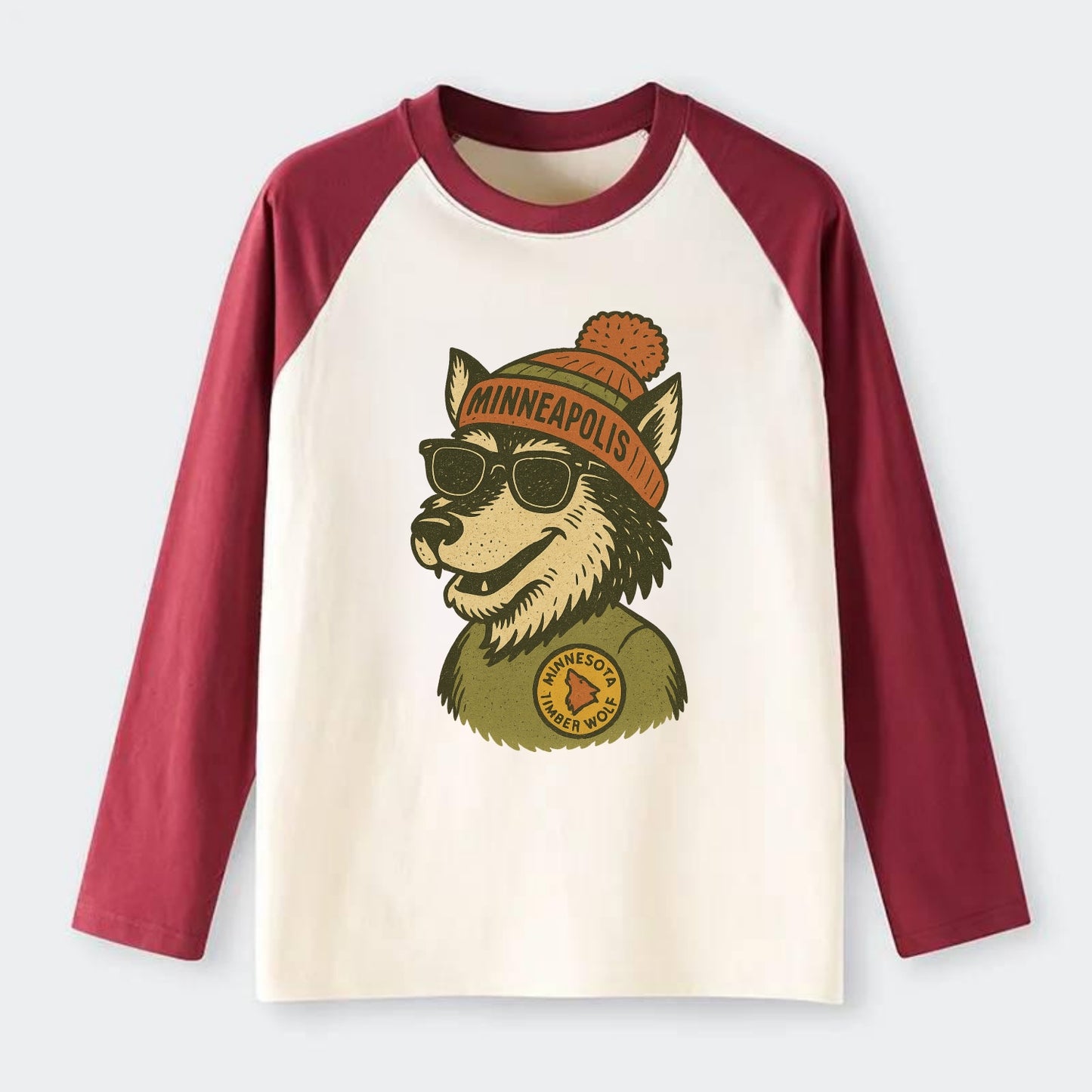 Minnesota Timber Wolf wearing Minneapolis beanie with pom pom and - Raglan Long Sleeve T-Shirt - Red