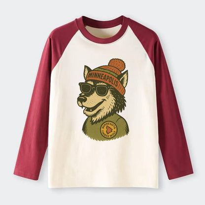 Minnesota Timber Wolf wearing Minneapolis beanie with pom pom and - Raglan Long Sleeve T-Shirt - Red