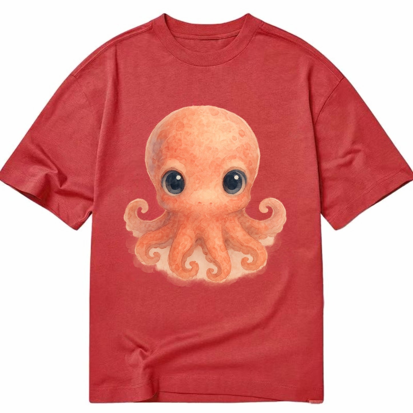 Baby Octopus - red-orange, eight tiny tentacles curled, large intelligent eyes, - Classic T-shirt - Red