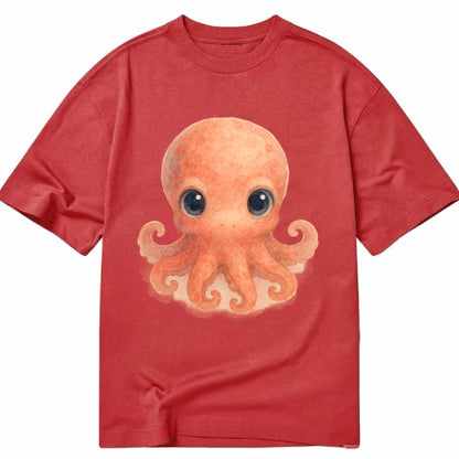 Baby Octopus - red-orange, eight tiny tentacles curled, large intelligent eyes, - Classic T-shirt - Red