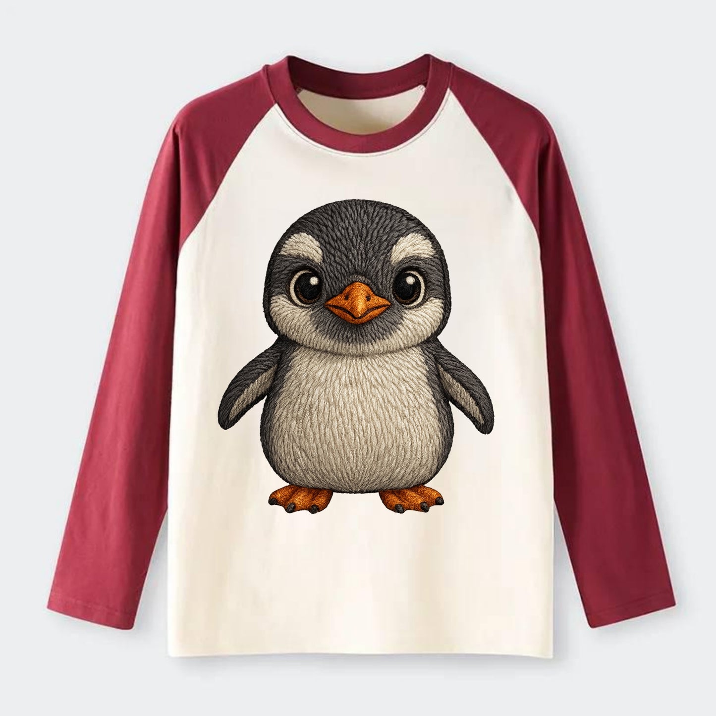 Baby Gentoo Penguin - orange beak, white cap, bright eyes, - Raglan Long Sleeve T-Shirt - Red