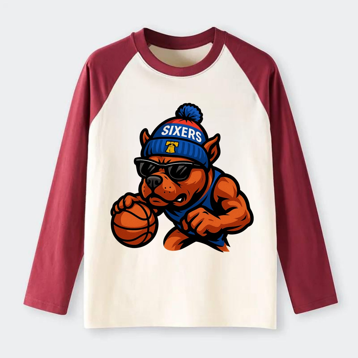 Philly Pitbull wearing Sixers beanie with Liberty Bell and wayfarer - Raglan Long Sleeve T-Shirt - Red