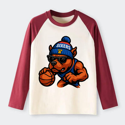 Philly Pitbull wearing Sixers beanie with Liberty Bell and wayfarer - Raglan Long Sleeve T-Shirt - Red