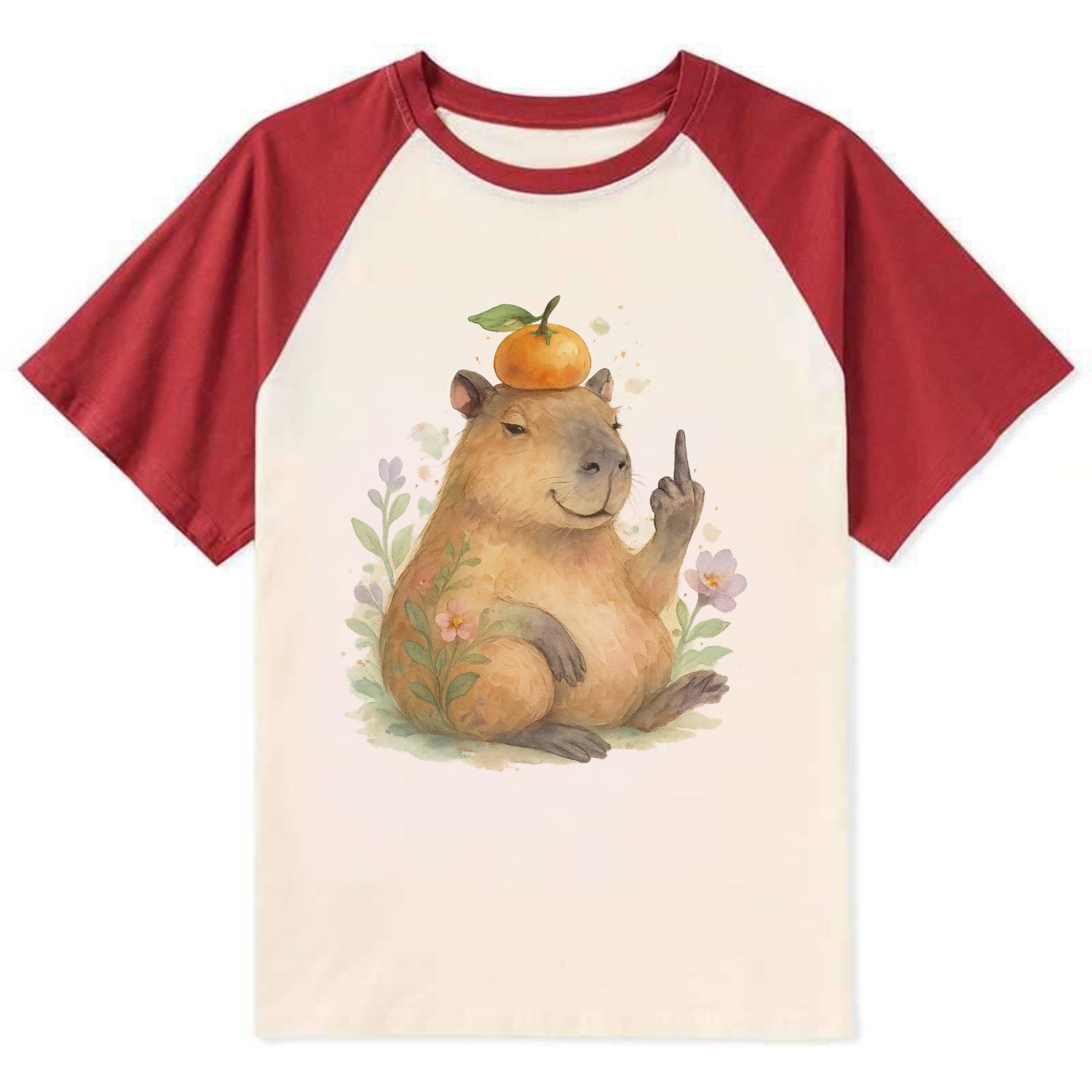 chonky capybara relaxing with orange on head, one webbed middle finger up - Contrast Raglan T-shirt - Red