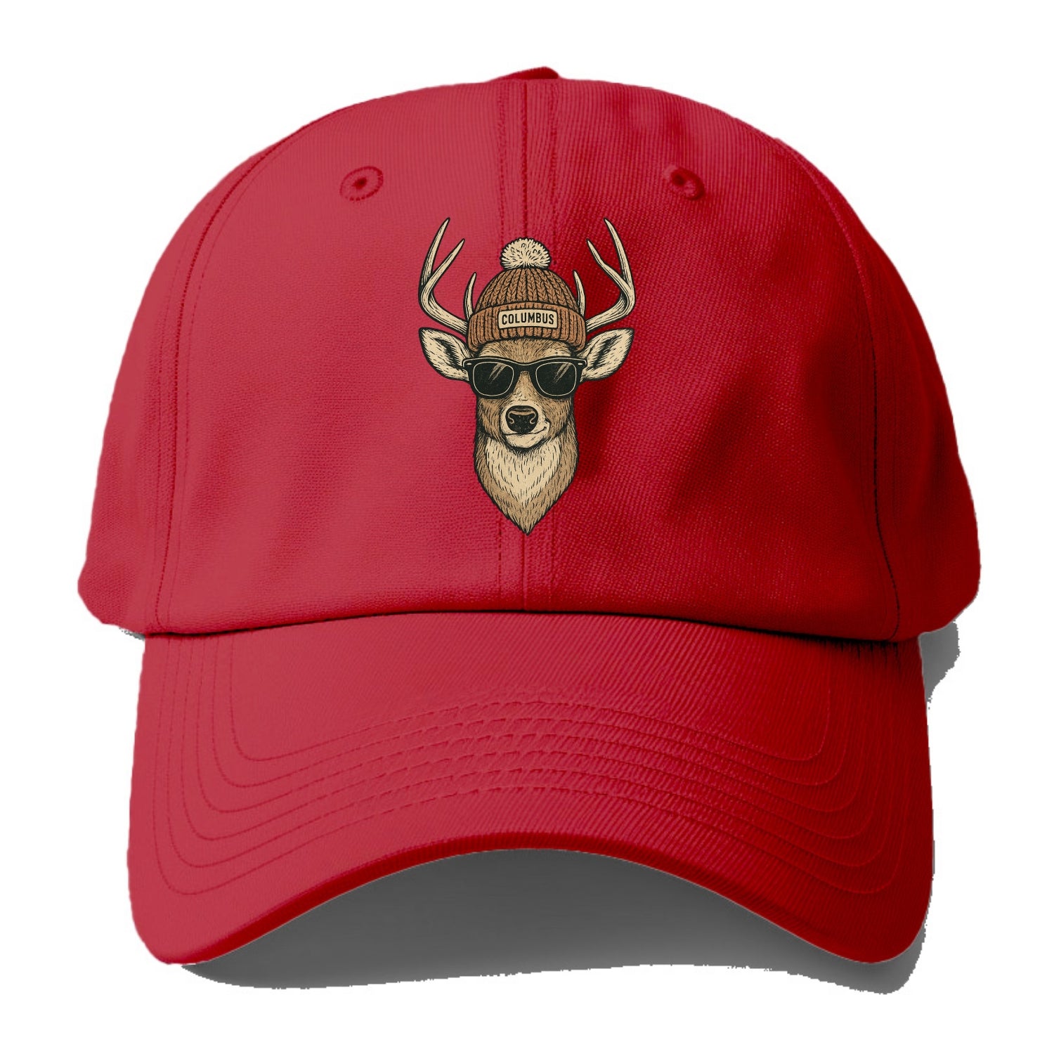 Ohio White-tailed Deer wearing Columbus beanie with pom pom and wayfarer sunglasses - Baseball Cap - Red