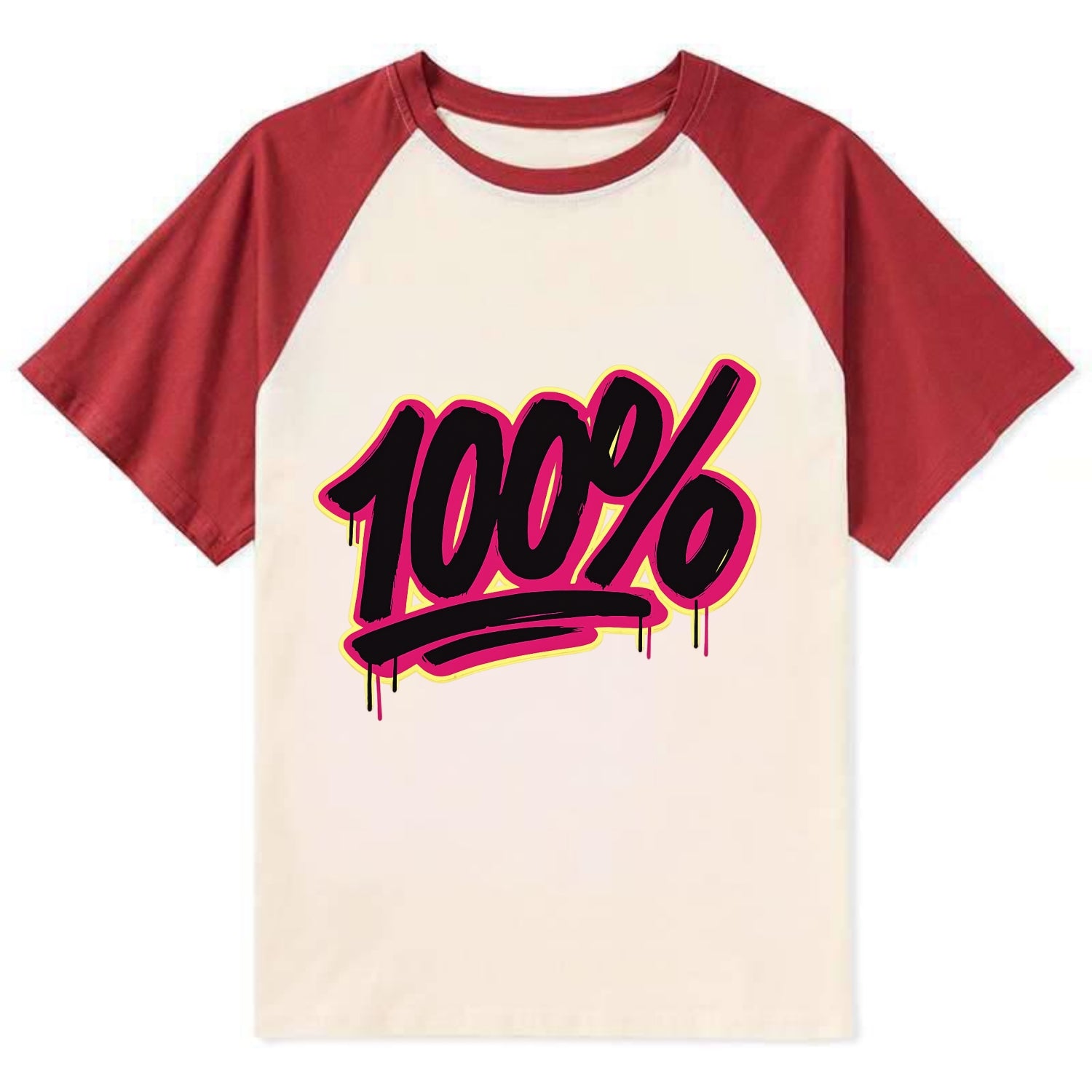 Bold typography design - "100%" - all in, fully committed - Contrast Raglan T-shirt - Red