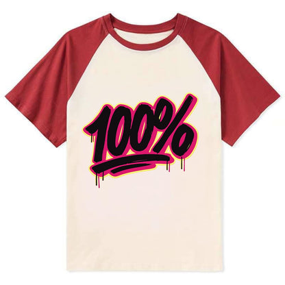 Bold typography design - "100%" - all in, fully committed - Contrast Raglan T-shirt - Red