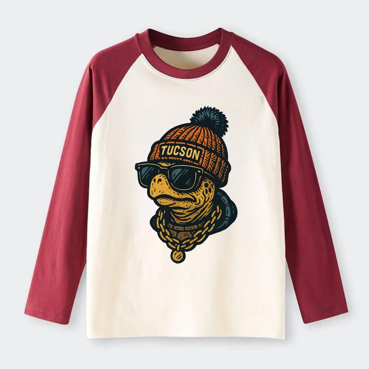 Tucson Desert Tortoise wearing Tucson beanie with pom pom and wayfarer - Raglan Long Sleeve T-Shirt - Red