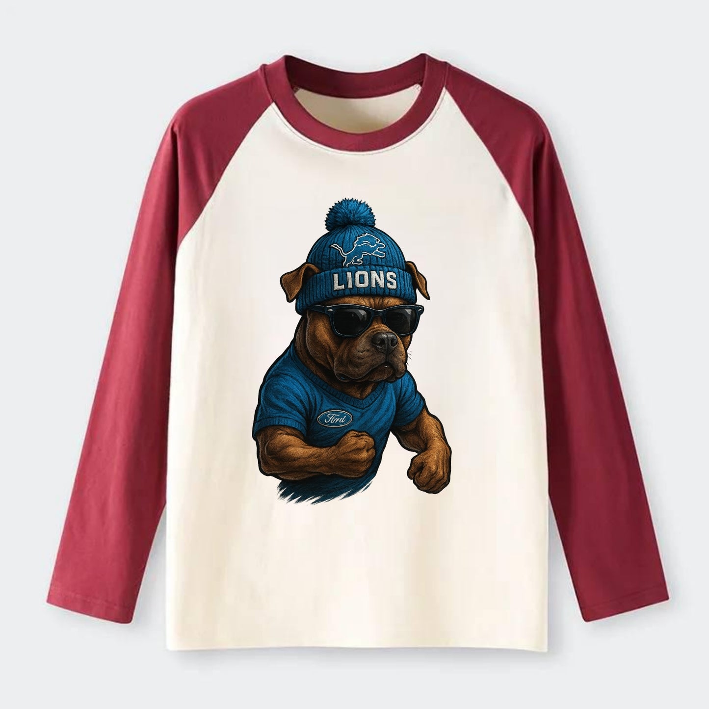 Detroit Pitbull wearing Lions beanie with auto patch and wayfarer - Raglan Long Sleeve T-Shirt - Red