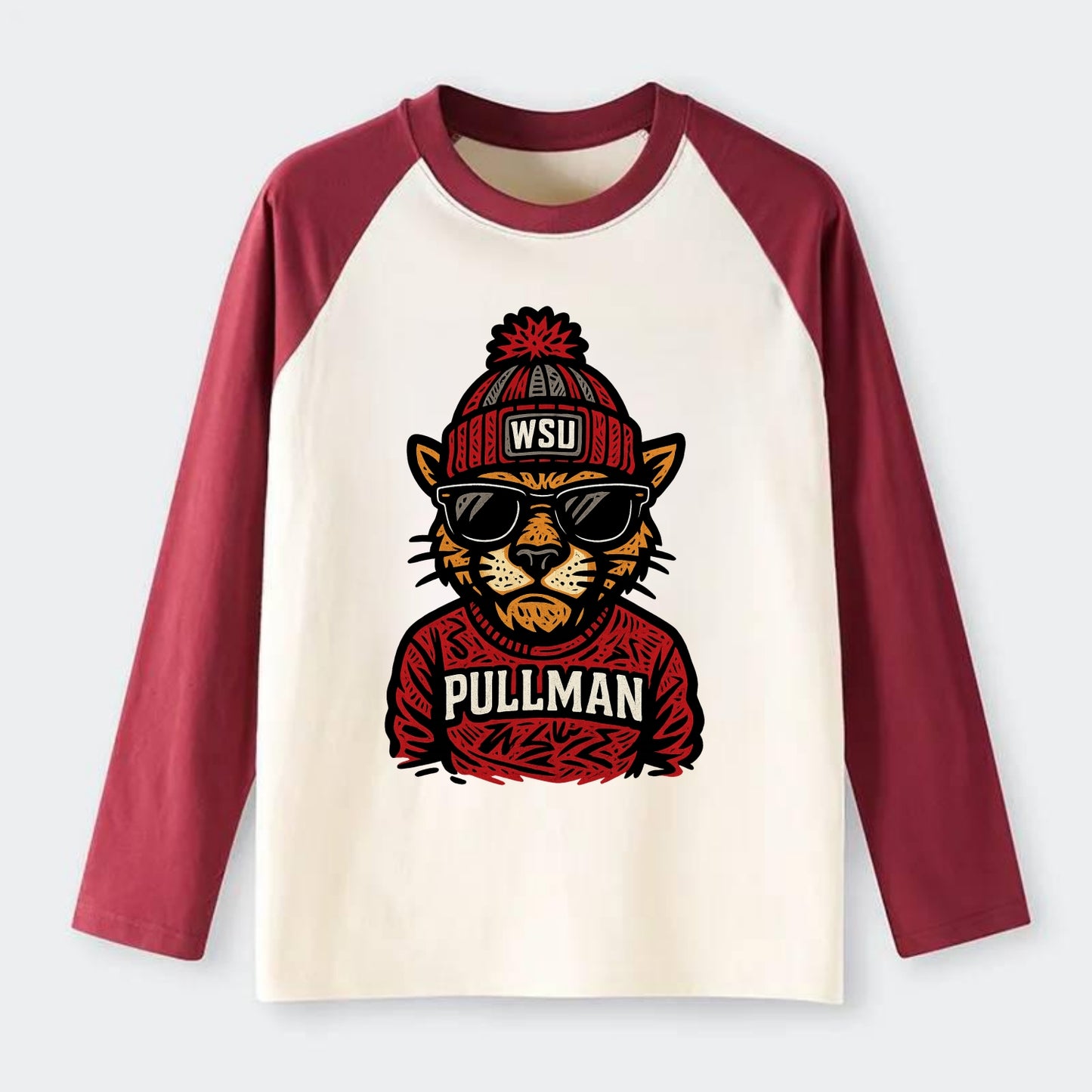 Pullman Cougar wearing Washington State beanie with WSU patch - Raglan Long Sleeve T-Shirt - Red