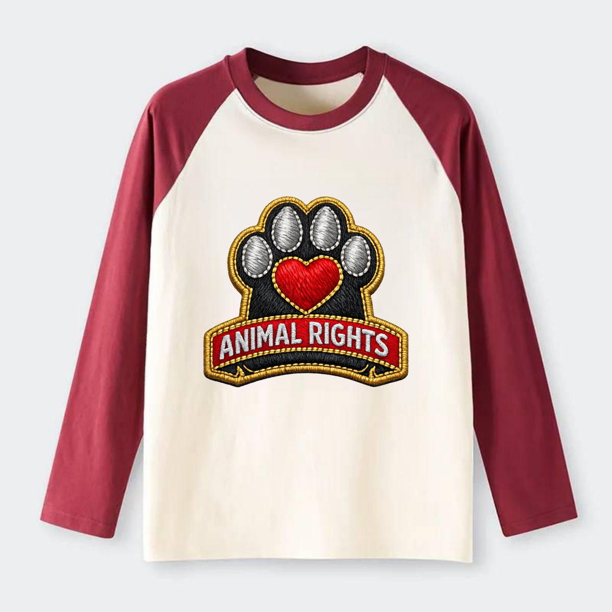 ANIMAL RIGHTS - raised paw with heart in red , advocacy - Raglan Long Sleeve T-Shirt - Red