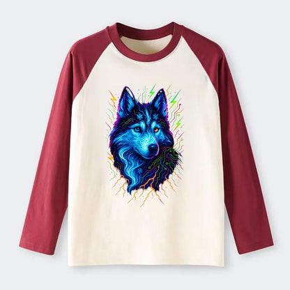 Siberian husky with ice-crystal flowing patterns, electric blue and - Raglan Long Sleeve T-Shirt - Red