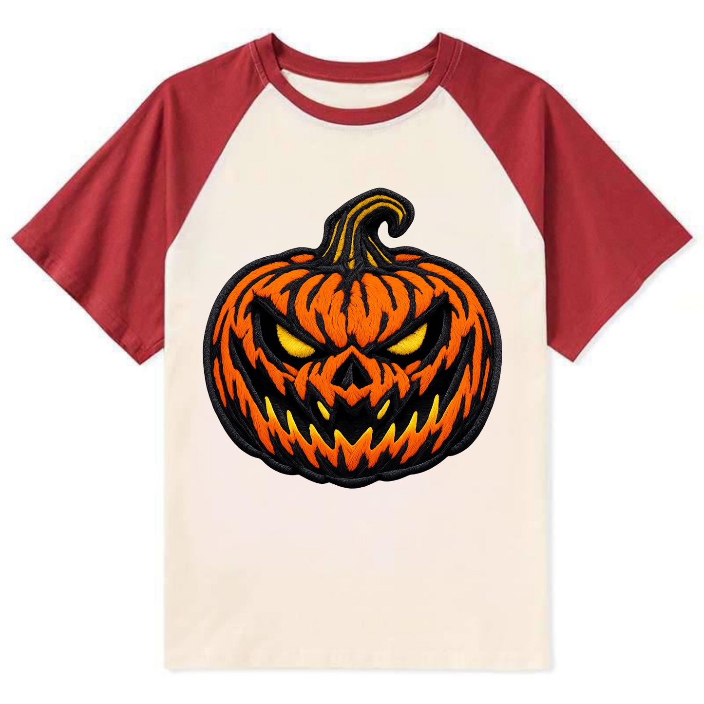 HALLOWEEN PUMPKIN - jack o lantern in orange and black , spooky - Contrast Raglan T-shirt - Red
