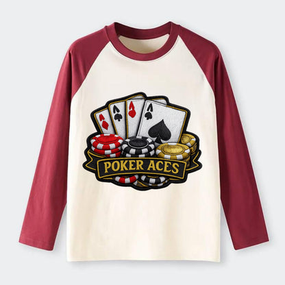 Embroidered patch design - POKER ACES - four aces with chips in red, - Raglan Long Sleeve T-Shirt - Red