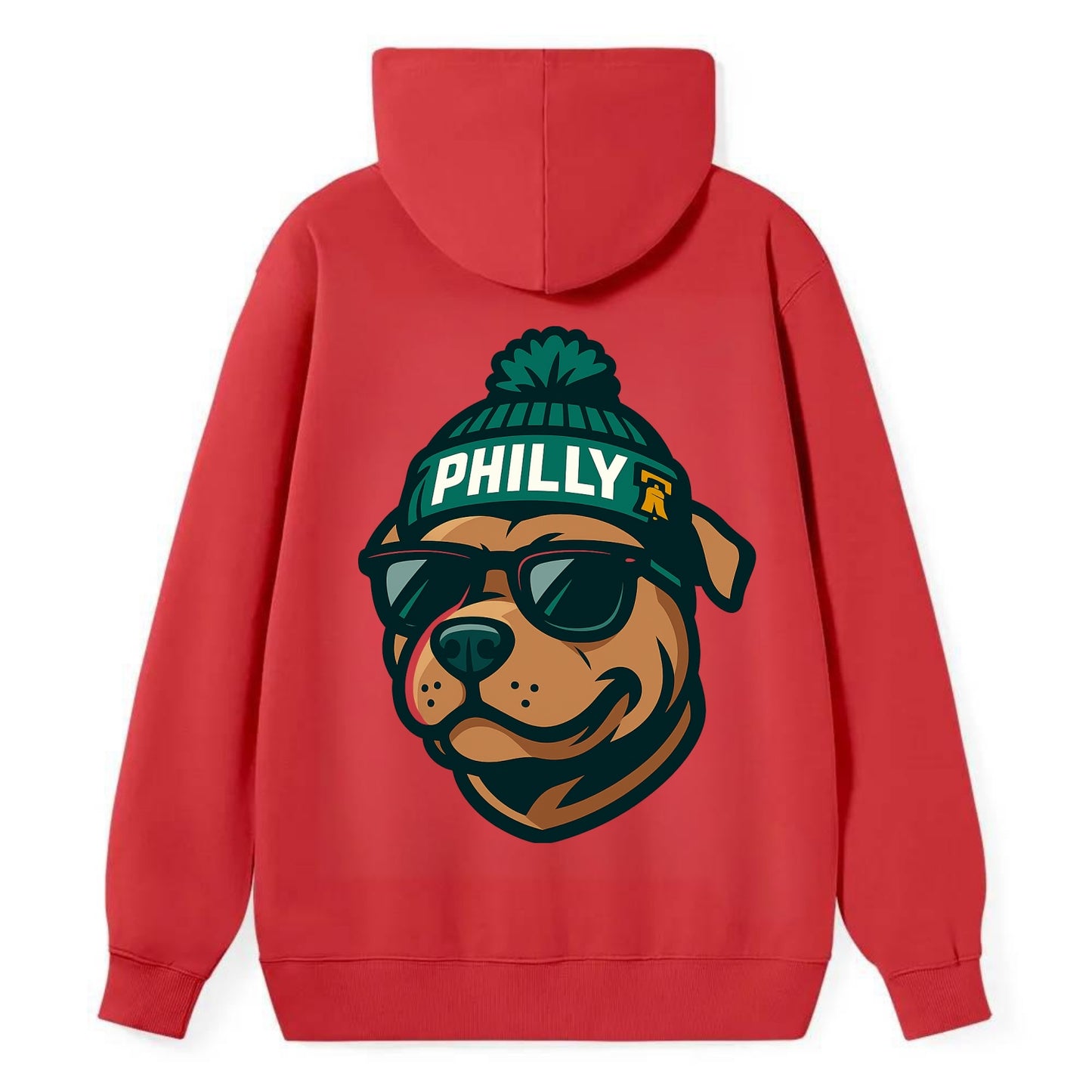 Philly Pitbull wearing Eagles beanie with Liberty Bell patch and wayfarer - Classic Pullover Hoodie - Red