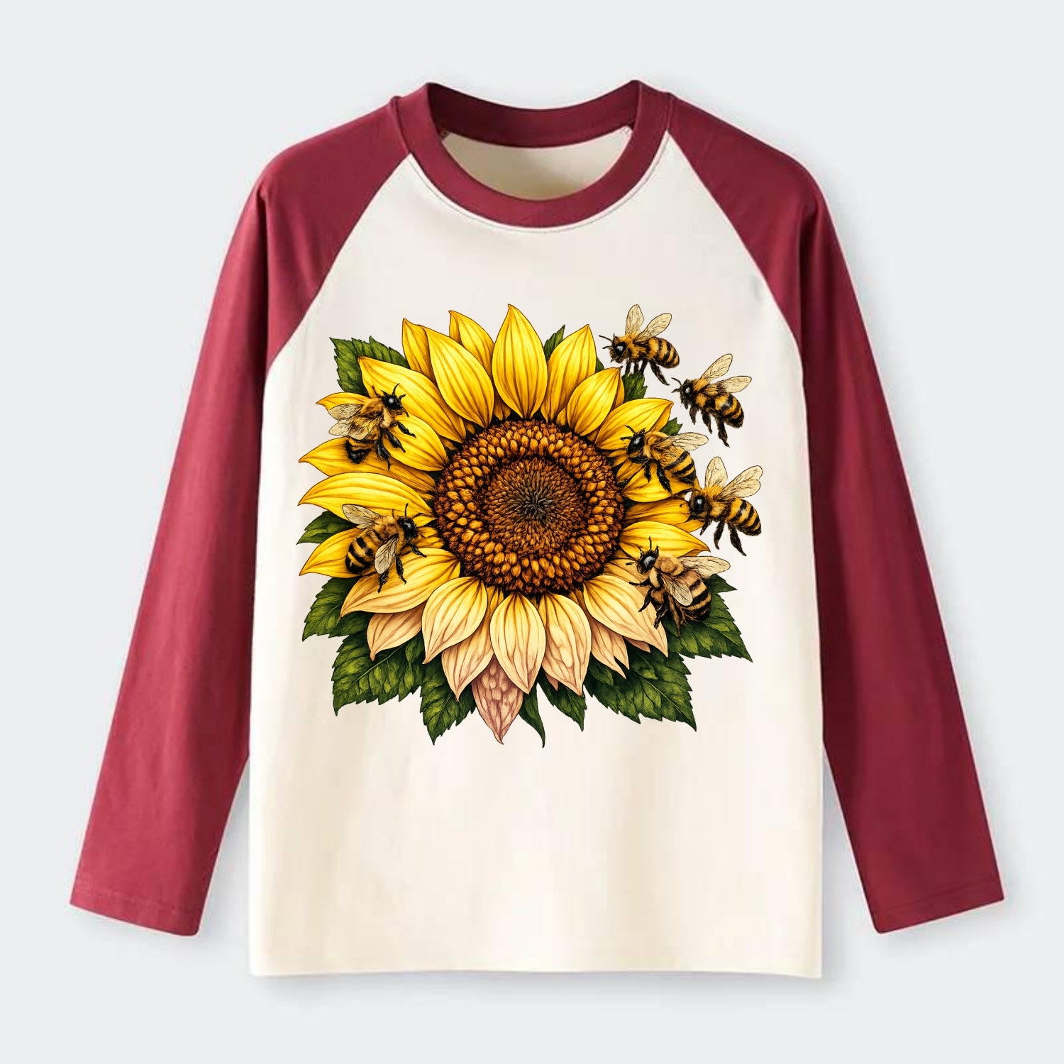 Vintage Sunflower - Raglan Long Sleeve T-Shirt - Red