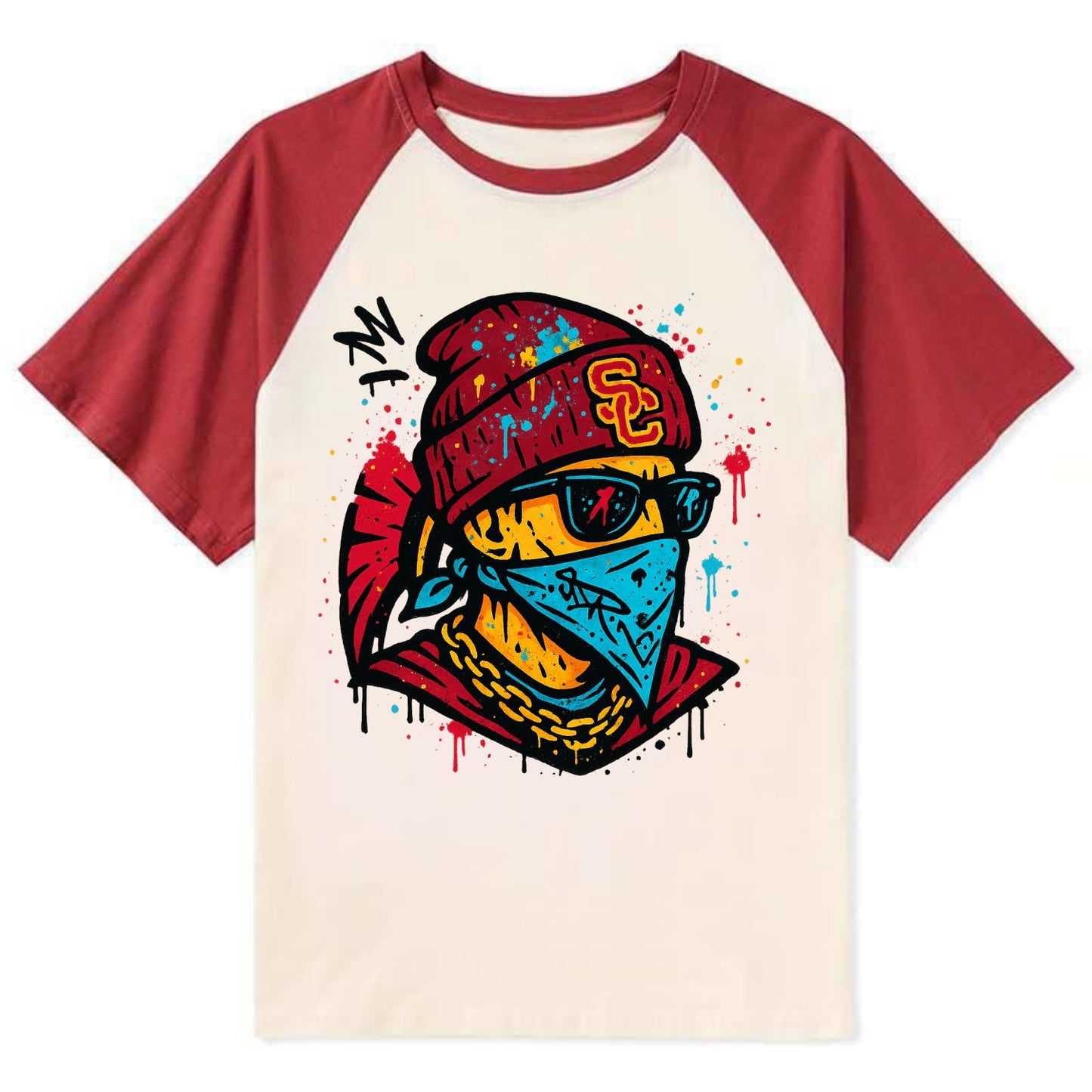 Los Angeles Trojan wearing USC beanie with SC patch - Contrast Raglan T-shirt - Red