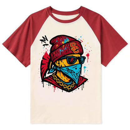 Los Angeles Trojan wearing USC beanie with SC patch - Contrast Raglan T-shirt - Red