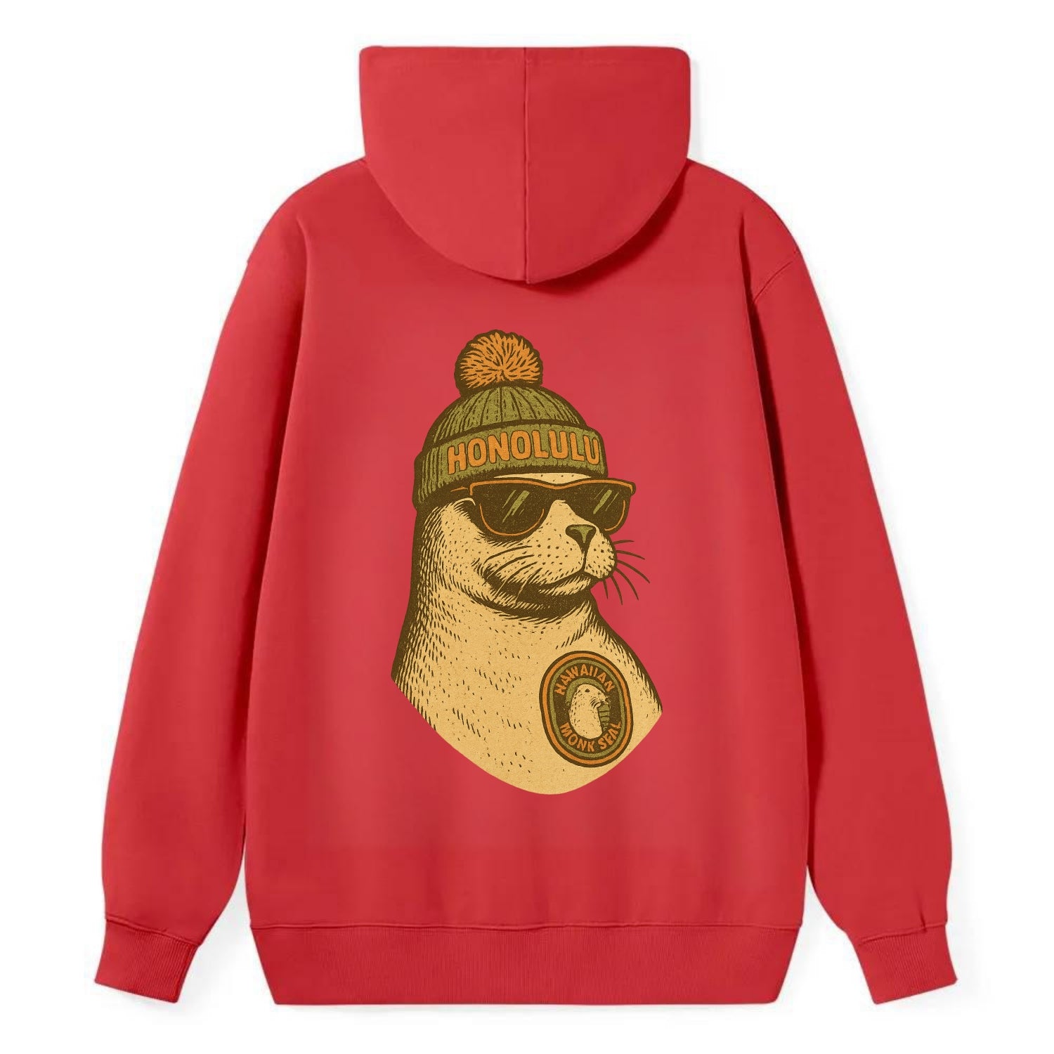 Hawaii Monk Seal wearing Honolulu beanie with pom pom and wayfarer - Classic Pullover Hoodie - Red