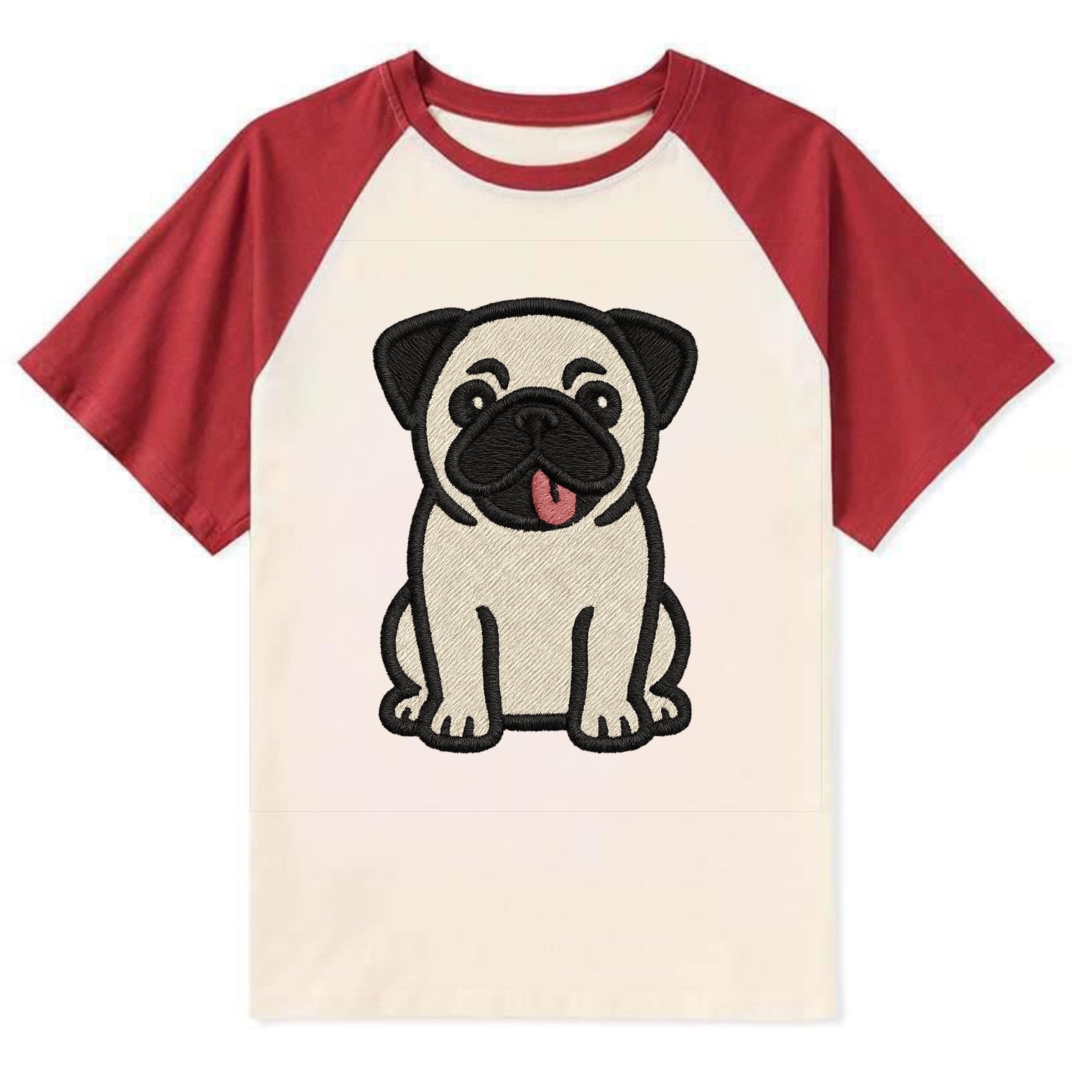 Pug - Tilted head with tongue out - Cont Contrast Raglan T-shirt - Red