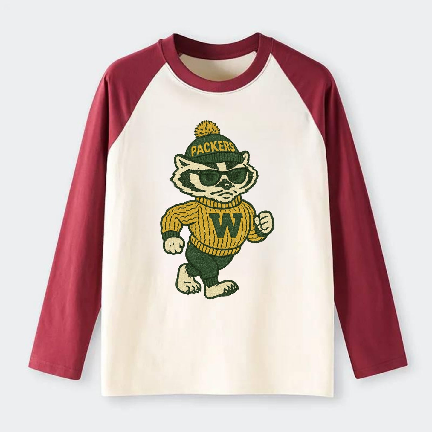 Wisconsin Badger wearing Packers green and gold beanie with pom pom - Raglan Long Sleeve T-Shirt - Red