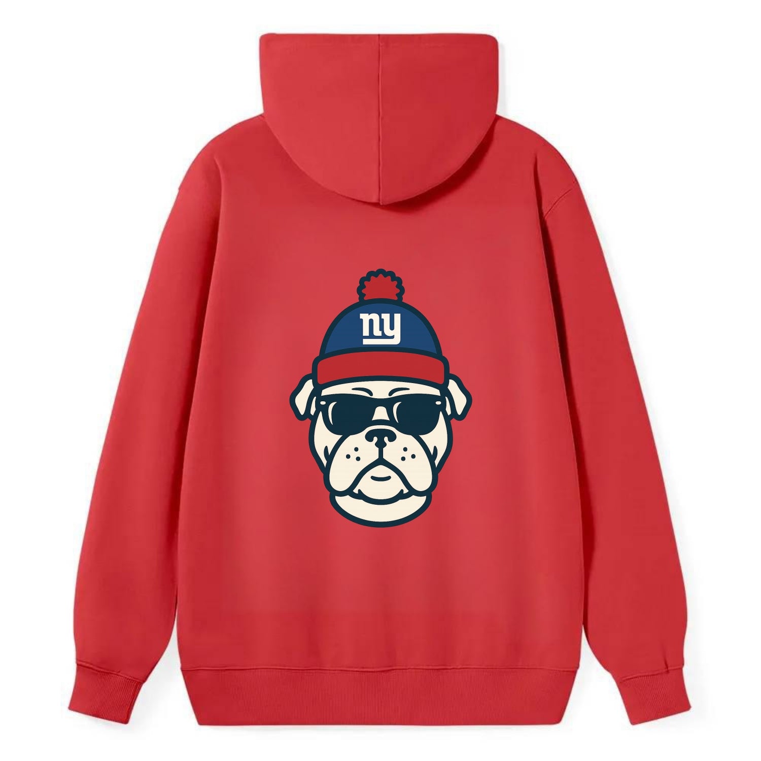New York Bulldog wearing Giants blue and red beanie with pom pom and - Classic Pullover Hoodie - Red