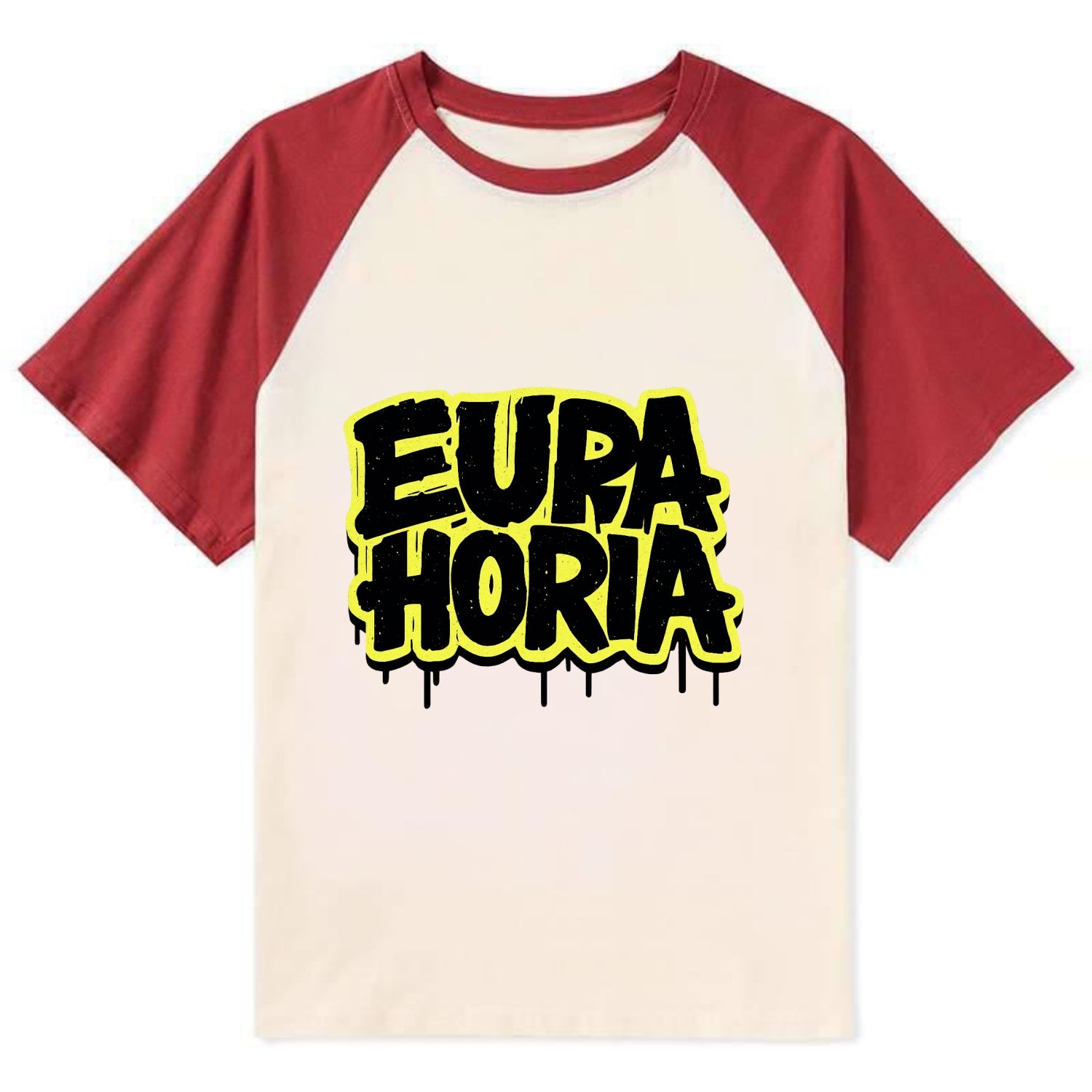 Bold typography design - "EUPHORIA" - intense happiness, ecstasy - Contrast Raglan T-shirt - Red
