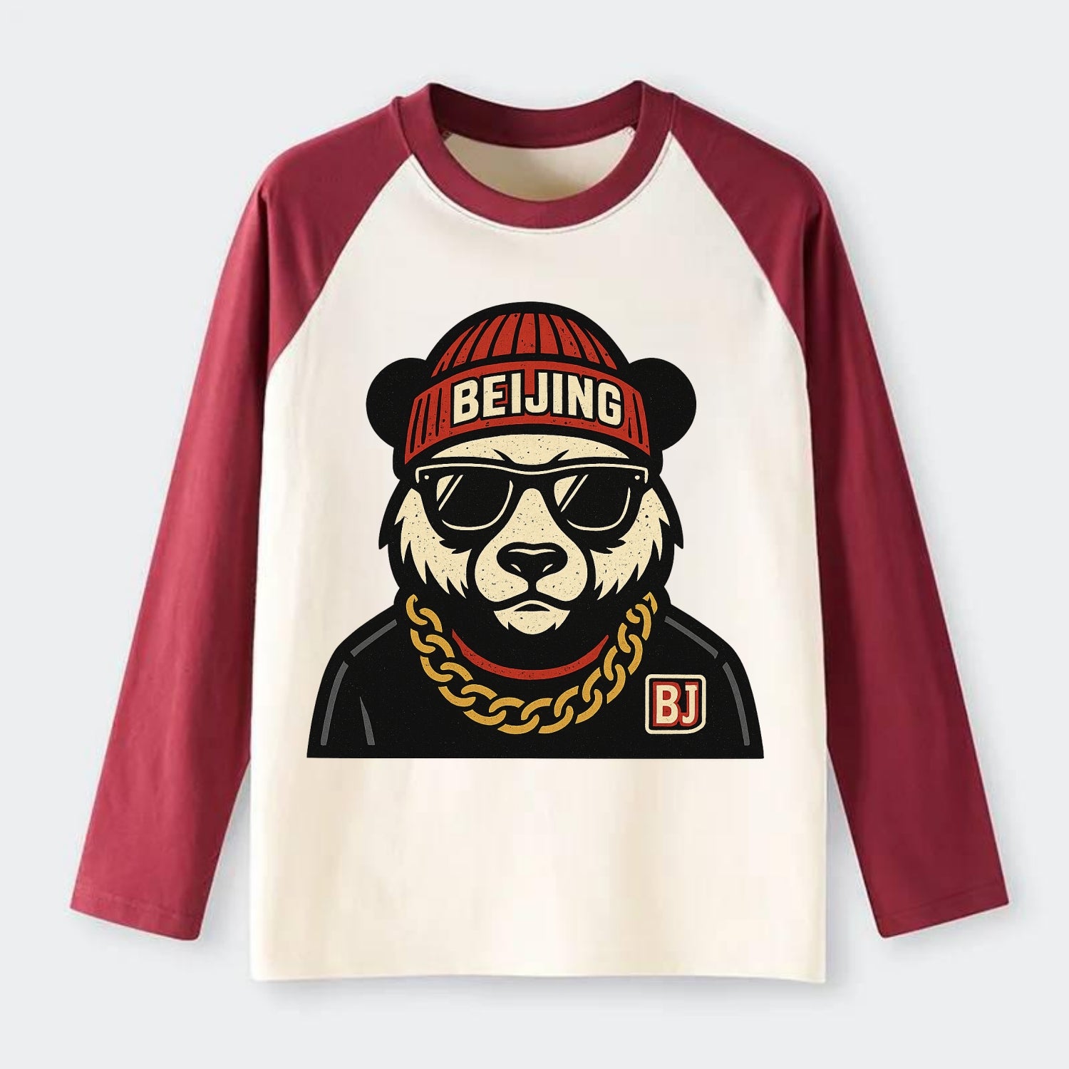 Beijing Panda - Raglan Long Sleeve T-Shirt - Red