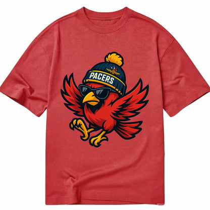 Indiana Cardinal wearing Pacers beanie with speedway patch and wayfarer sunglasses - Classic T-shirt - Red