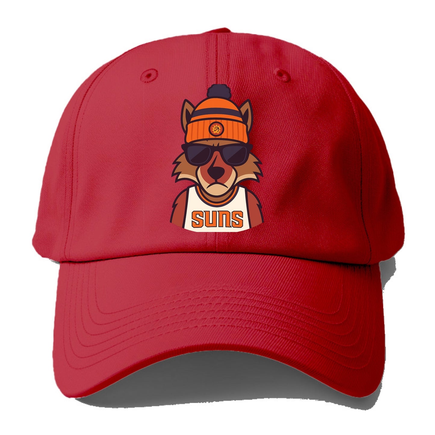 Arizona Coyote wearing Suns beanie with desert sun patch and wayfarer sunglasses - Baseball Cap - Red