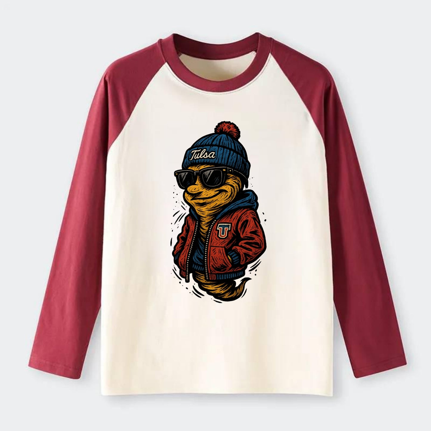 Tulsa Hurricane wearing Tulsa beanie with TU patch - Raglan Long Sleeve T-Shirt - Red