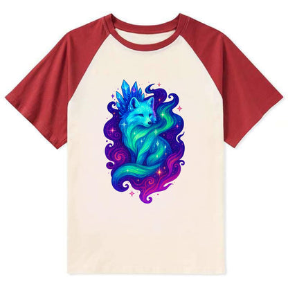 Ethereal arctic fox with fur that transforms into crystal formations, - Contrast Raglan T-shirt - Red