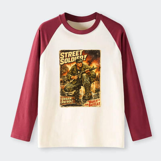 COMBAT READY | Military boots on wet pavement | Street soldier | Urban - Raglan Long Sleeve T-Shirt - Red